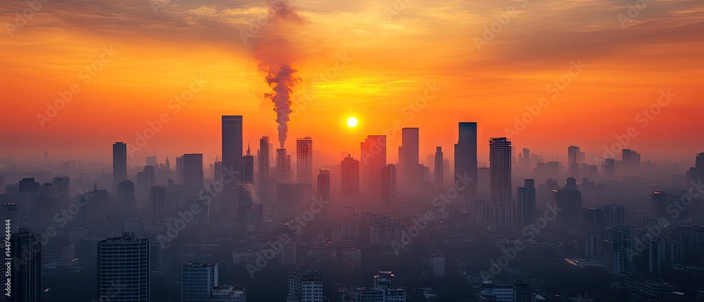Fototapeta premium Cityscape under a hazy, orange sunrise. Buildings obscured by pollution, smoke rises