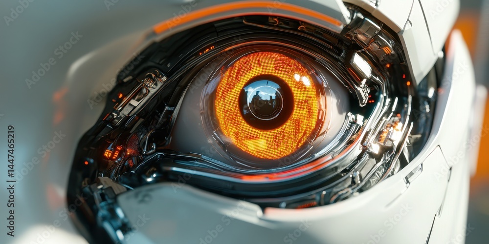 Orange Close-Up. Digital Illustration of Futuristic AI Robot Eye Scanning with Abstract Orange Iris Orange Close-Up. Digital Illustration of Futuristic AI Robot Eye Scanning with Abstract Orange Iris