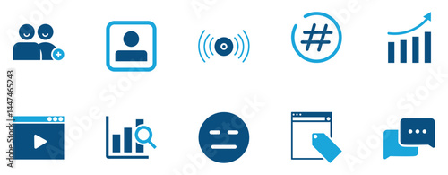 Social Media Analytics and Engagement Icons.Social media icon set featuring growth, analytics, messaging, hashtags, profiles, and engagement tools—perfect for marketing, branding, and digital strategy