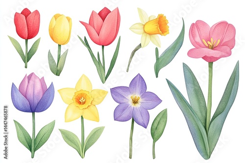 Wallpaper Mural Watercolor illustration of various spring flowers, including tulips and daffodils.  Detailed depictions of blossoms and foliage in a variety of colors.  Perfect for spring-themed designs Torontodigital.ca