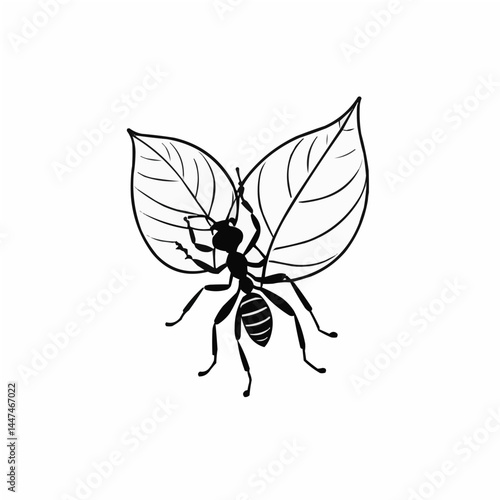 Black ant on leaf detailed insect illustration, minimalist nature line art drawing