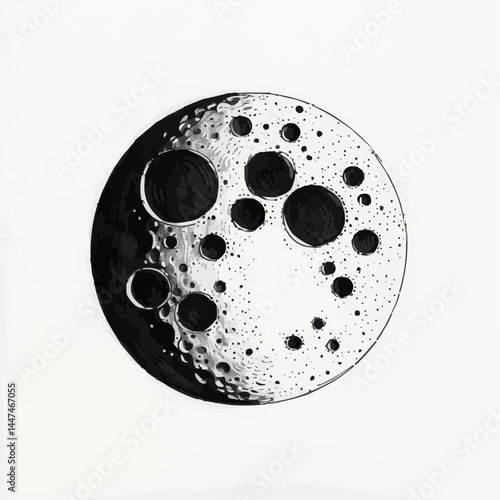 Full moon surface with craters, detailed astronomical illustration in black and white