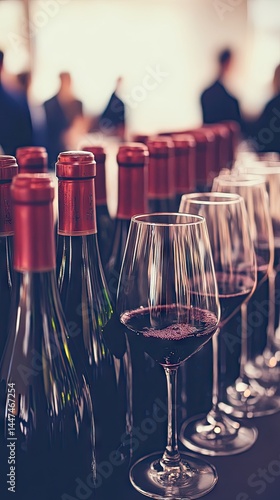 Row of wine bottles and full wine glasses line up for tasting in soft, diffused light