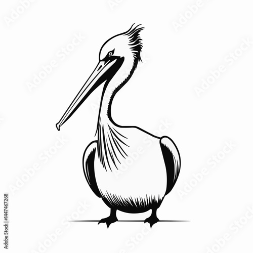 Pelican bird character illustration, coastal wildlife in black line art style
