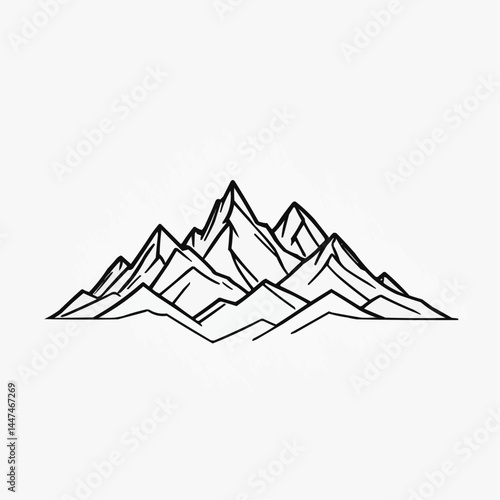 Simple mountain range peaks illustration, minimalist landscape in black line art style