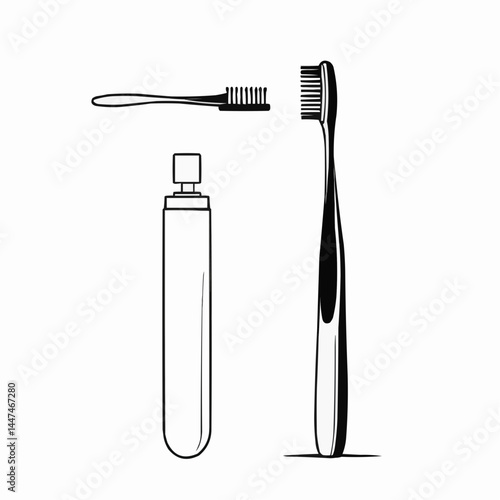 Toothbrush and toothpaste tube illustration, dental hygiene items in minimalist line art