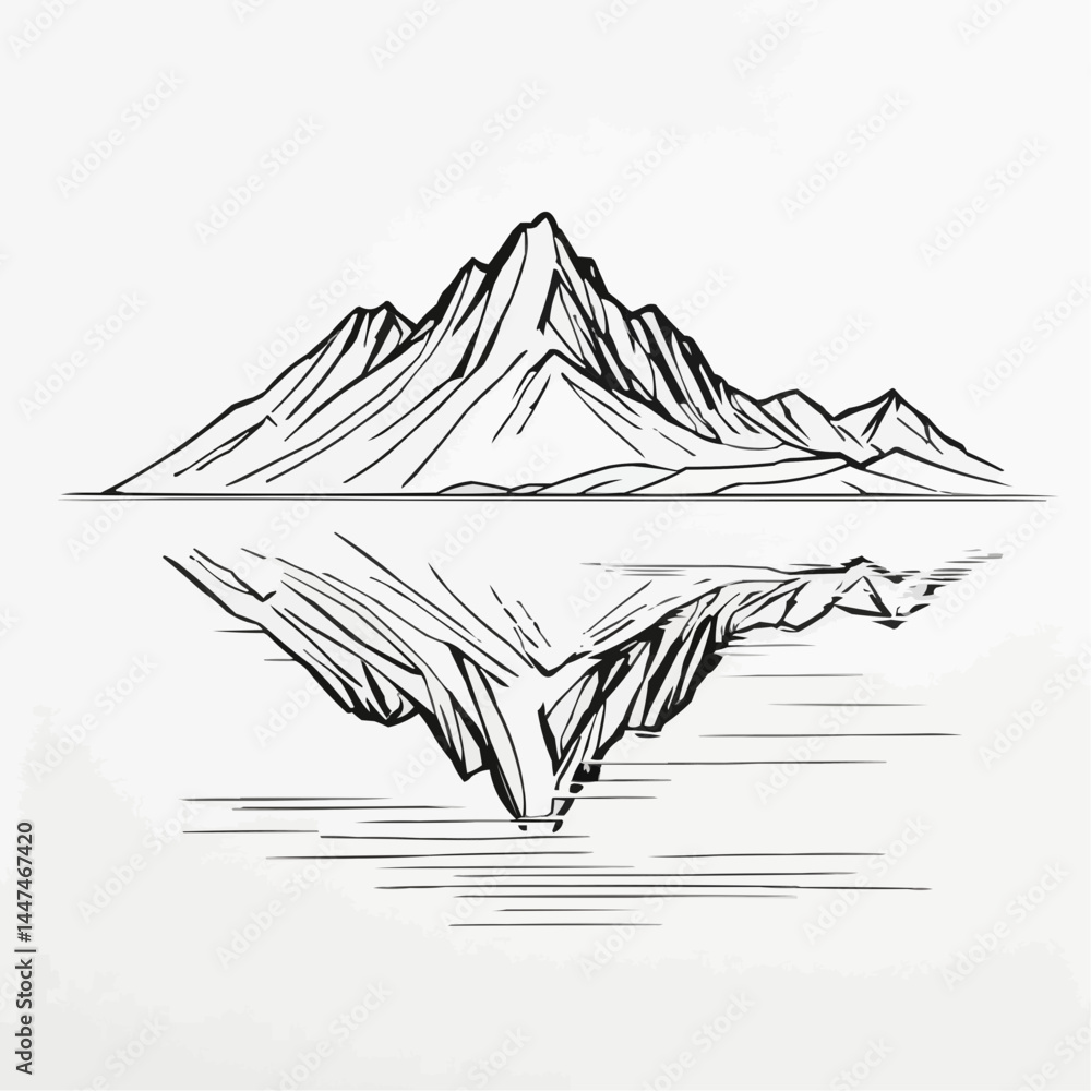Fototapeta premium Mountain lake reflection landscape, serene nature scene with peaks in minimalist black line art