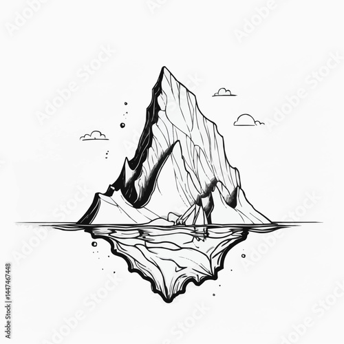 Iceberg floating in ocean illustration, arctic landscape in minimalist black line art style
