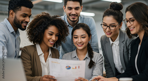 Diverse business team reviewing documents together.  Group of professionals examining a report or presentation