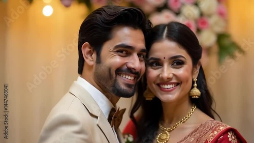 An indian couple, man and woman smiling on a wedding day