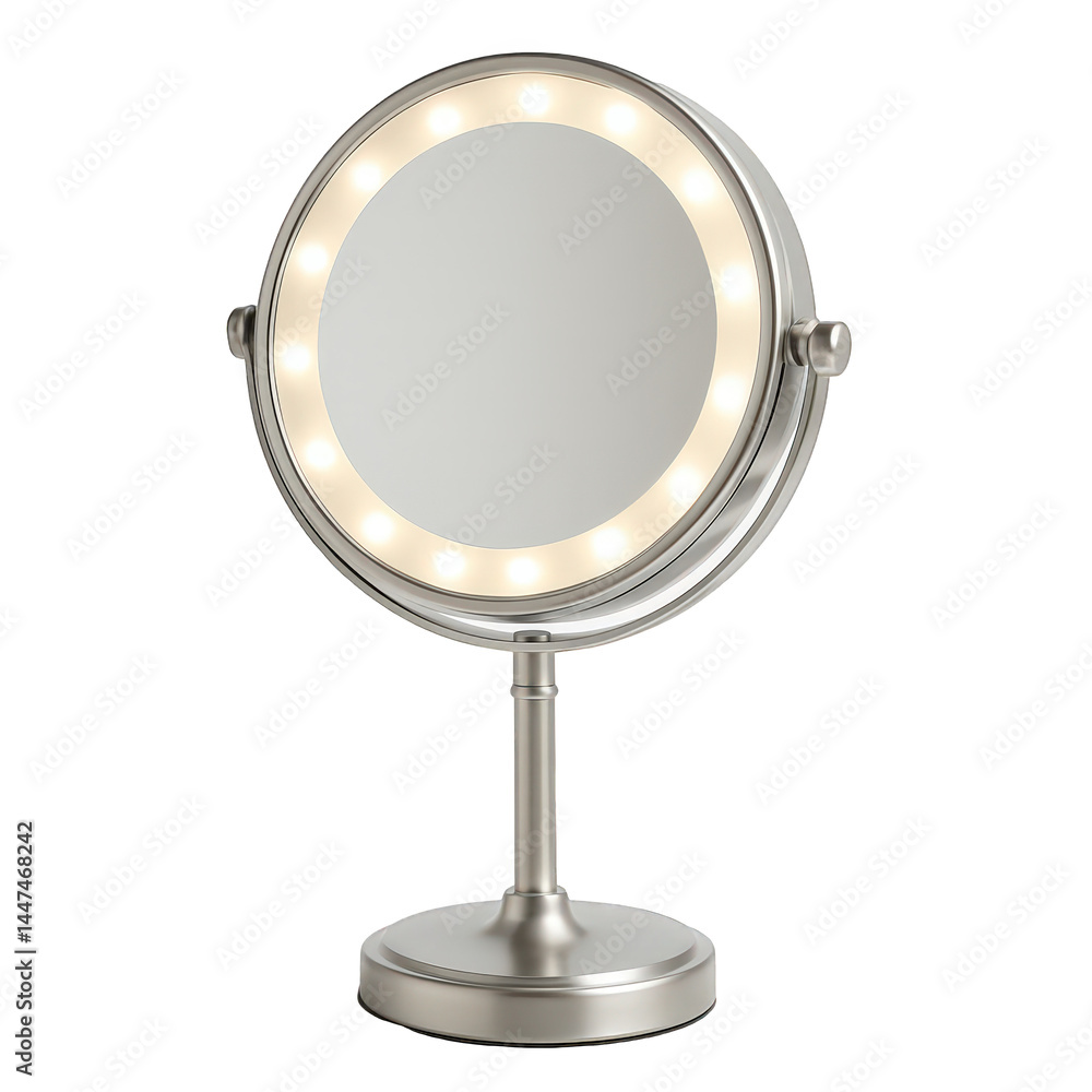 Elegant round mirror with bright surrounding lights, mounted on a sturdy metal stand for makeup and grooming. Elegant round mirror with bright surrounding lights, mounted on a sturdy metal stand for makeup and grooming.