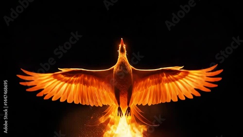 Fiery phoenix rising against a black background  