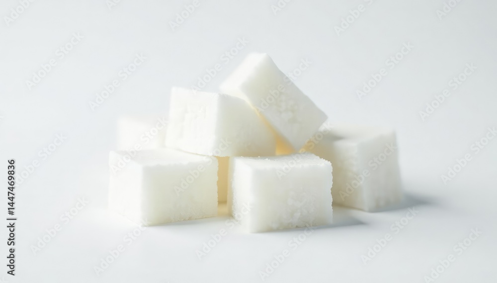 Lumps of refined white sugar against white backdrop, texture, isolated Lumps of refined white sugar against white backdrop, texture, isolated