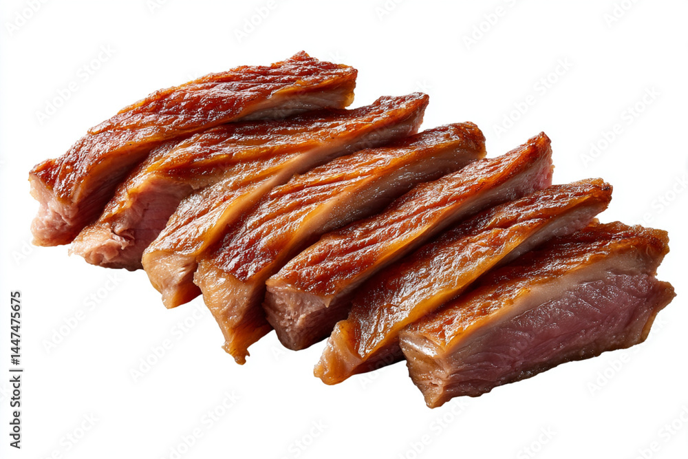 Cooked slices of duck meat isolated on a white background. Cooked slices of duck meat isolated on a white background.