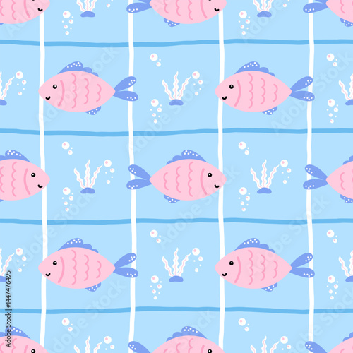 Kawaii seamless pattern of fish and seaweed in pastel colors. Cute and gentle pattern for baby textiles, wallpapers, and summer products