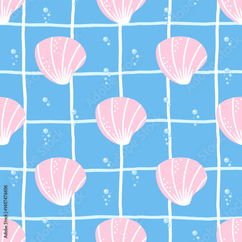 Seamless pattern with pastel seashells and ocean elements in a kawaii marine style. Cute vector background perfect for beach-themed textiles and summer decor