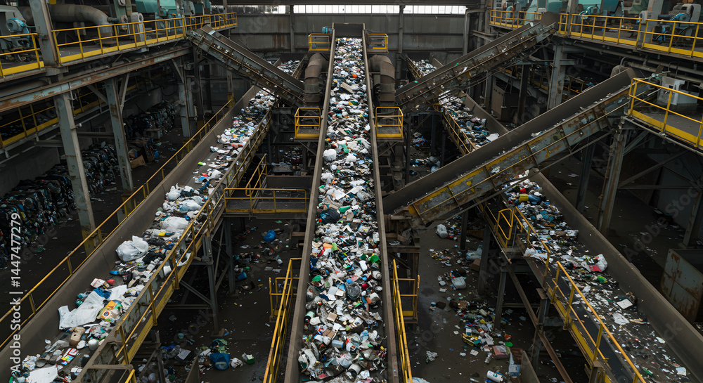 Overhead View of Conveyor Belts Carrying Mixed Waste Materials in a Recycling Plant Industrial Setup Overhead View of Conveyor Belts Carrying Mixed Waste Materials in a Recycling Plant Industrial Setup
