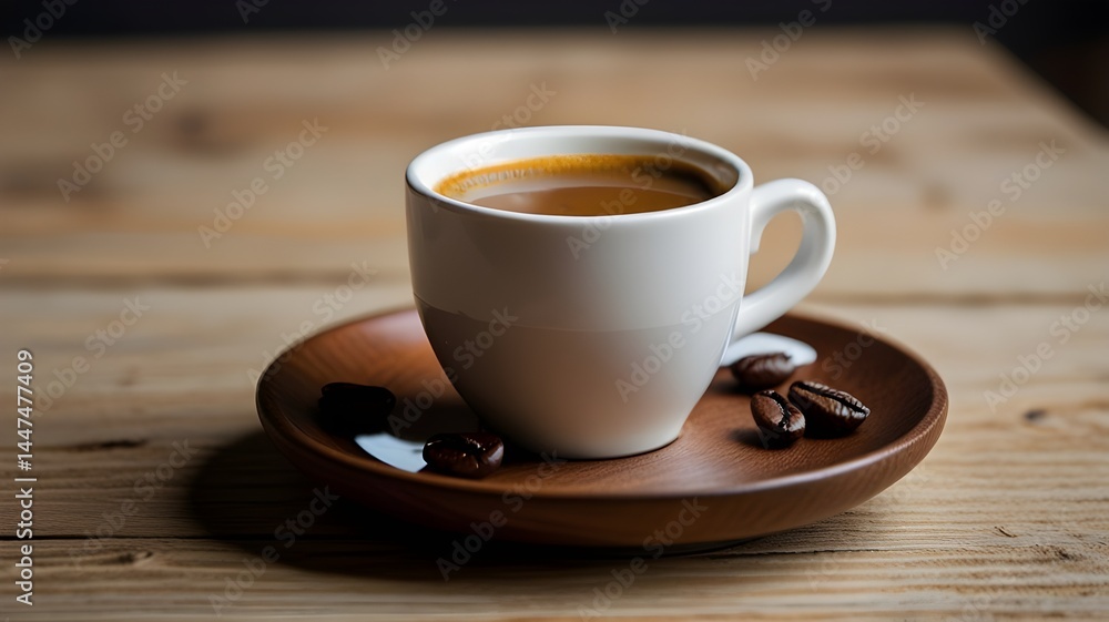 A close-up shot of a perfectly brewed cup of coffee with crema, in a minimalist white cup on a wooden saucer A close-up shot of a perfectly brewed cup of coffee with crema, in a minimalist white cup on a wooden saucer