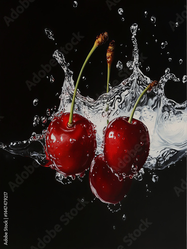 Fresh Red Cherries Splashing in Water