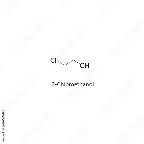 2-Chloroethanol skeletal structure. Chlorinated Alcohol compound schematic illustration. Simple diagram, chemical formula.