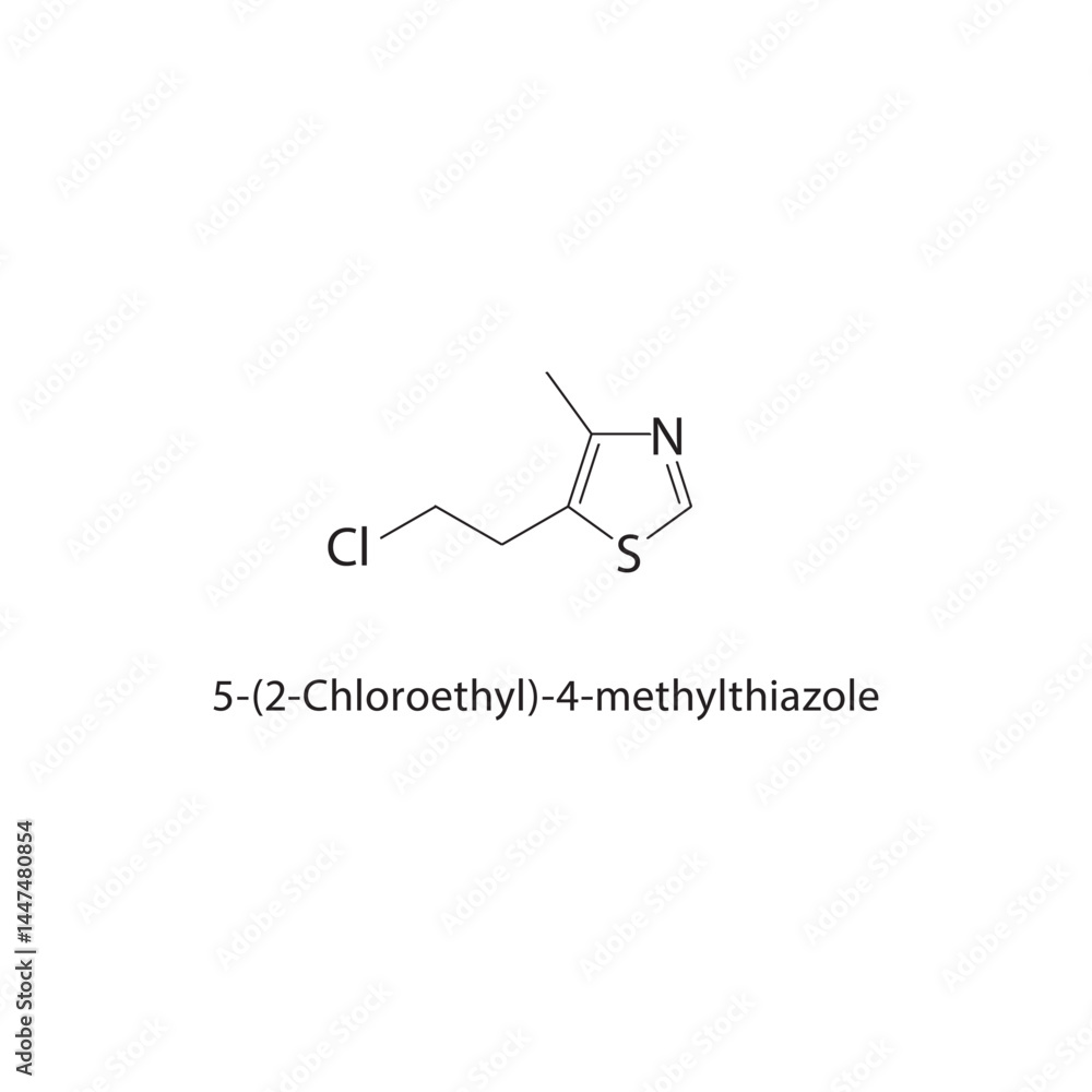 5-(2-Chloroethyl)-4-methylthiazole skeletal structure. Chlorinated Thiazole Derivative compound schematic illustration. Simple diagram, chemical formula. 5-(2-Chloroethyl)-4-methylthiazole skeletal structure. Chlorinated Thiazole Derivative compound schematic illustration. Simple diagram, chemical formula.