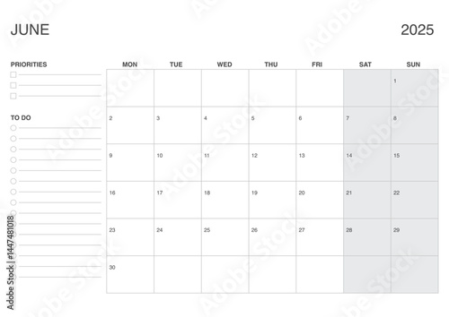 June 2025 A4 Monthly Calendar, Dated JUNE Planner