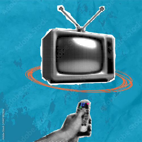 Trendy pop art collage. Halftone TV with antenna. Cut out male hand turns on TV with remote control. Modern retro textured vector illustration for design on blue paper background