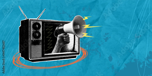 Trendy halftone pop art collage depicting a TV and a hand with a megaphone sticking out of the screen. Artistic concept, surrealism, news, sales, information, discounts.