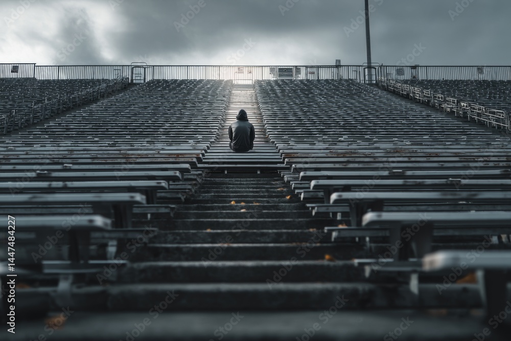 Obraz premium Individual in Hooded Jacket Sits Alone on Empty Stadium Bleachers Under Overcast Sky for Contemplation and Quiet Time