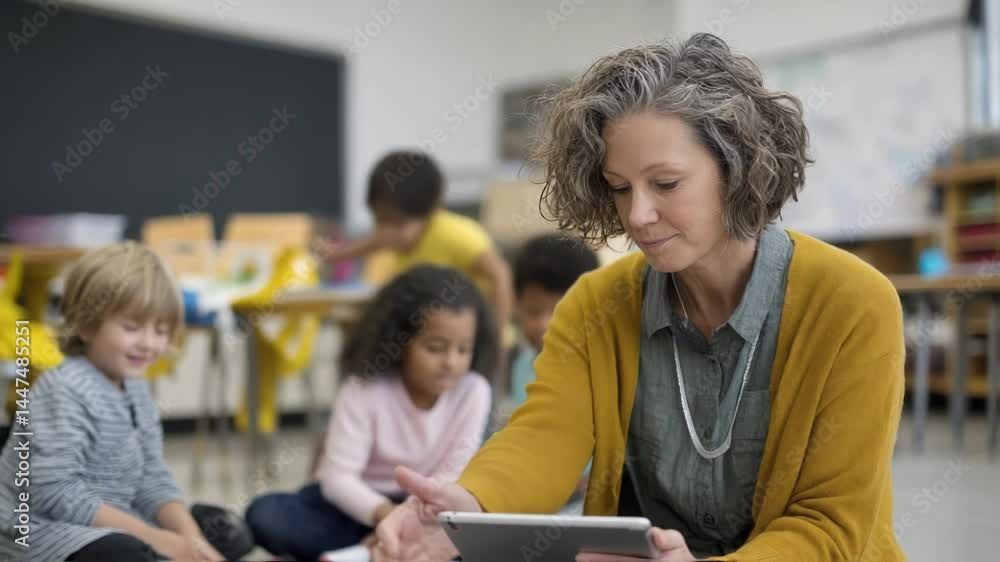 A teacher using a tablet to show educational videos while students gather around in small groups demonstrating the integration of technology in lessons. A teacher using a tablet to show educational videos while students gather around in small groups demonstrating the integration of technology in lessons.