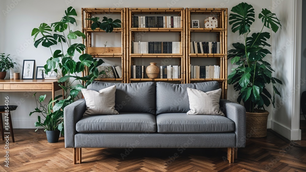 Naklejka premium Cozy Living Room with Wooden Furniture and Lush Indoor Plants