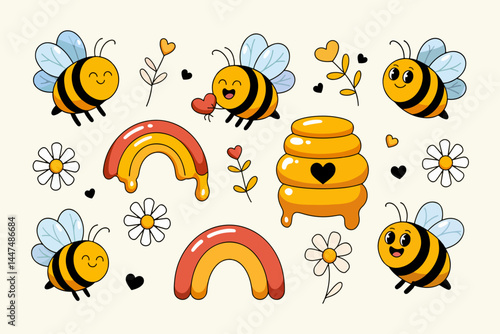 Cute cartoon bee set with honeycombs, rainbows, hearts, and flowers. Cheerful and colorful vector illustration.