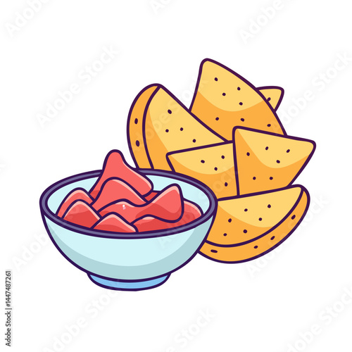 Illustration of tortilla chips with salsa dip, mexican food, snack, appetizer, cuisine vector