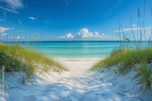 Fototapeta Naklejka Na Ścianę i Meble -  Experience tranquil beauty of an unspoiled coastal oasis, featuring pristine sand dunes, sparkling clear waters, and charming serene ambiance perfect for charming secluded beach getaway  