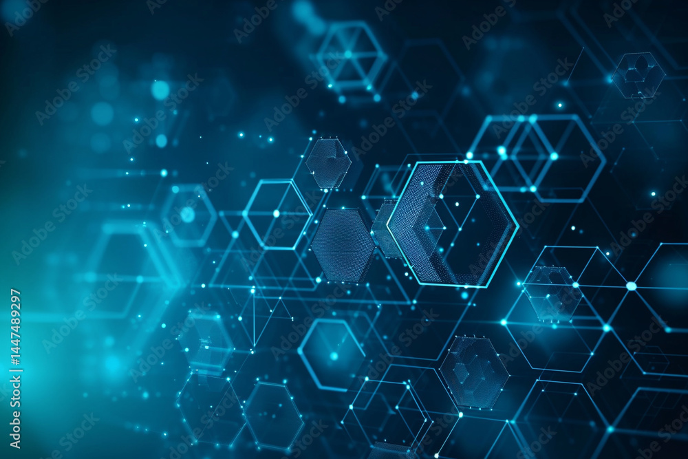 Dark blue background with abstract futuristic hexagons representing network connection, computer, and communication technology Dark blue background with abstract futuristic hexagons representing network connection, computer, and communication technology