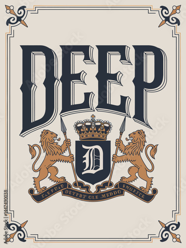 logo slogan graphic, retro college university victorian with sport, shield and lions. ornaments and geometric graphics, health and fitness club summer SS23 tennis crest sport