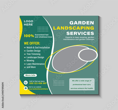 Enhance your garden services' online presence with this editable social media template. It is perfect for promoting landscaping, lawn care, and outdoor design services across various platforms.