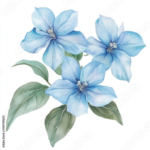 Fototapeta Naklejka Na Ścianę i Meble -  Delicate light blue flowers with soft green leaves.  Three blossoms arranged on stems,  watercolour style
