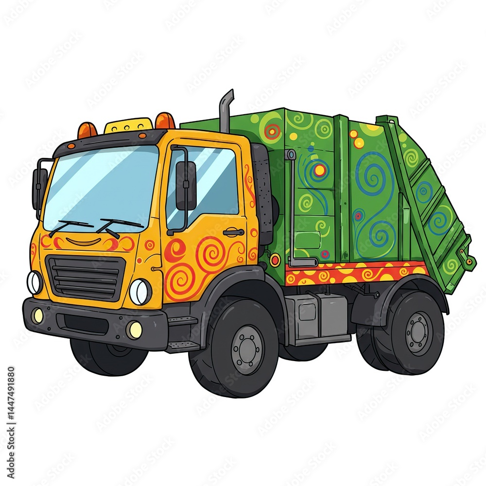 Cartoon Garbage Truck Illustration Green Yellow Swirls Cartoon Garbage Truck Illustration Green Yellow Swirls