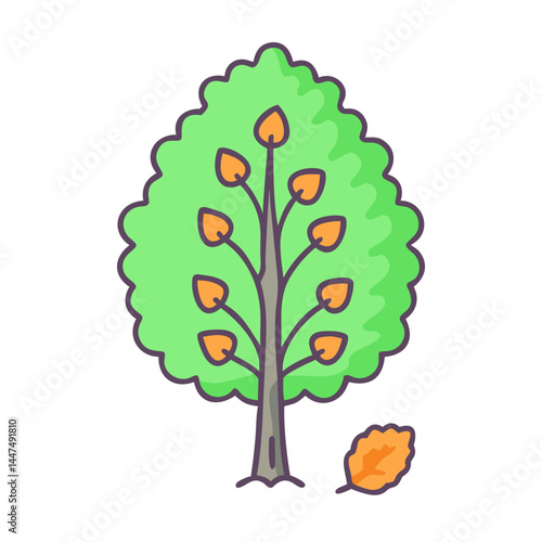 Illustration of a cute cartoon tree with green leaves and a fallen leaf for fall season art