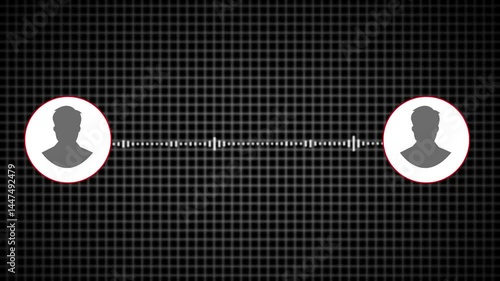 Virtual Two Male Characters Talking in Podcast Interview – Voice Animation with Microphone Button Icon, Music Equalizer Chart, Voice Signal Visualization – Audio Recording and Tech UI Element.