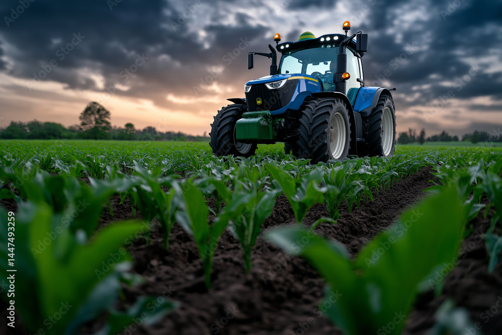 A tractor is driving through a field of green plants A tractor is driving through a field of green plants