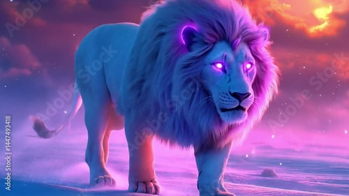 Majestic white lion walking snowy landscape, cosmic sunset. Fantasy art, game asset