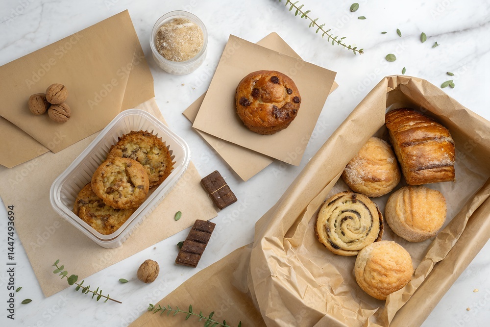 Overhead Image of Plastic Free Food Packaging with Artisanal Baked Goods on Kraft Paper Overhead Image of Plastic Free Food Packaging with Artisanal Baked Goods on Kraft Paper