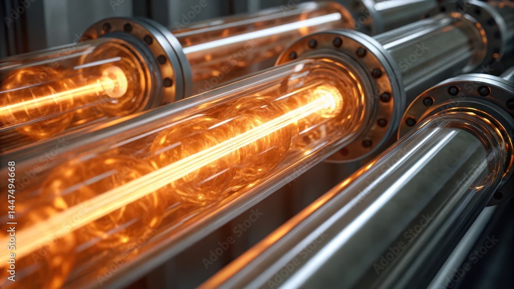 Naklejka premium Brightly lit tubes with glowing filaments, showcasing intricate details and modern design, likely used in a technological or industrial setting.