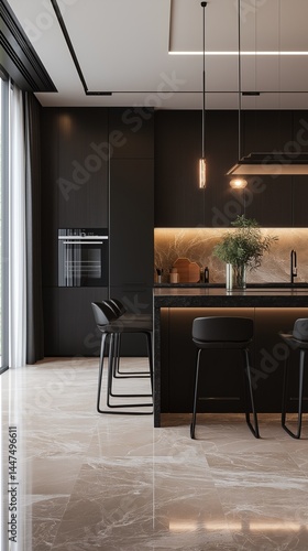 A modern kitchen and sophisticated dining room interior.