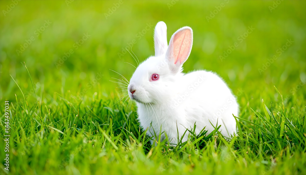 Adorable White Bunny Rabbit in Lush Green Grass: Spring Nature Photo Adorable White Bunny Rabbit in Lush Green Grass: Spring Nature Photo