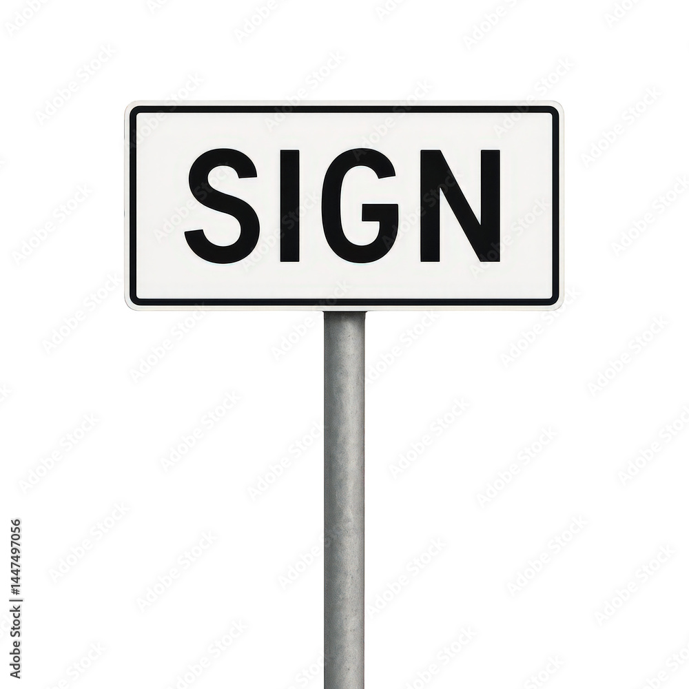 Plain white rectangle sign panel displaying the word SIGN in prominent black lettering on a sturdy gray pole. Plain white rectangle sign panel displaying the word SIGN in prominent black lettering on a sturdy gray pole.