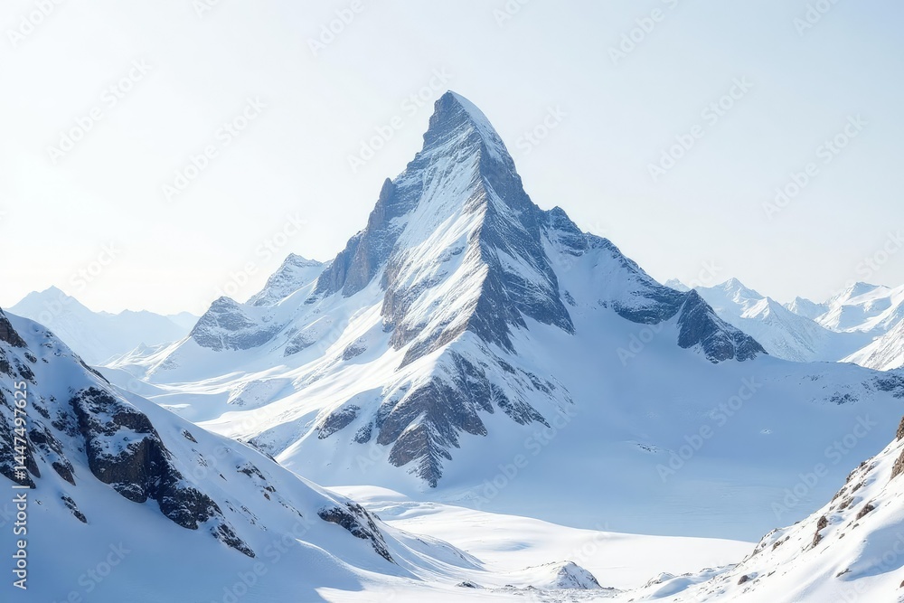 Fototapeta premium Snow-covered mountain peak against pristine white sky, sky, pure, calm