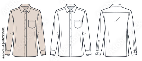 Men Classic Shirt Fashion Flat Sketch. Collared Shirt fashion flat technical drawing template, button down, pocket, front and back view, white, beige, women, men, unisex fashion CAD mockup.